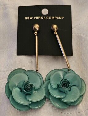 New York & Company Teal Floral Drop Earrings with Gold-Tone Bars